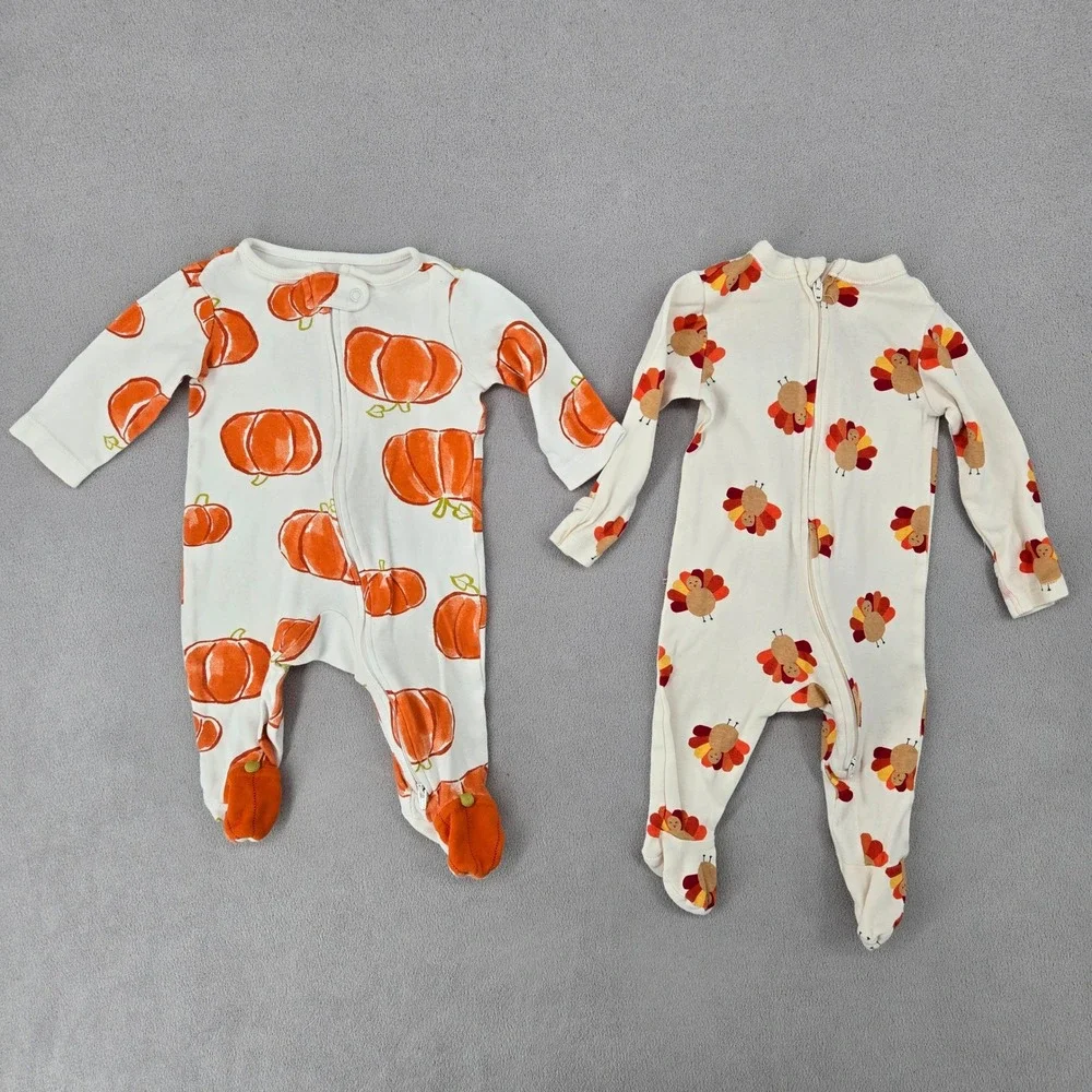 Carters / Old Navy 3 & 3-6M Footed Sleepers Pumpkin Turkey Fall Thanksgiving Set